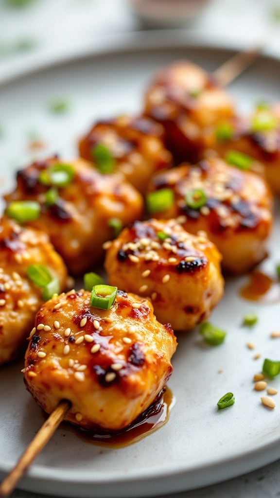 Honey Garlic Chicken Skewers garnished with sesame seeds and green onions on a plate