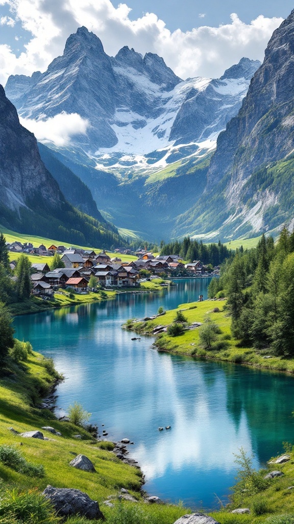 A serene view of Kandersteg village with a lake and mountains in the background