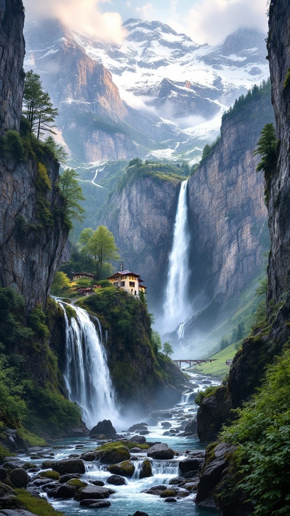 A picturesque view of Lauterbrunnen valley with waterfalls and mountains