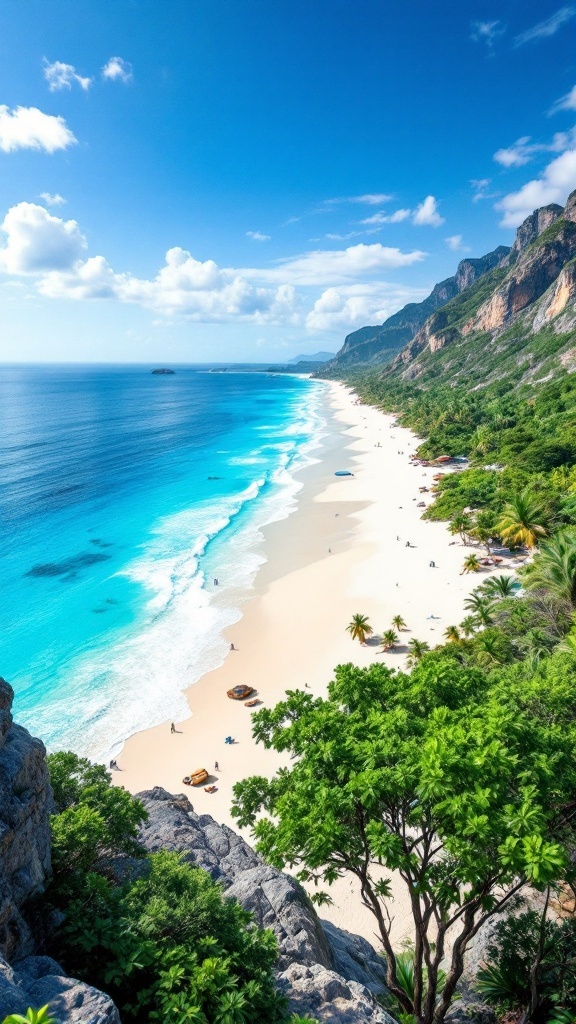 Aerial view of Long Bay Beach in Tortola, showing white sand, blue ocean, and green palm trees.