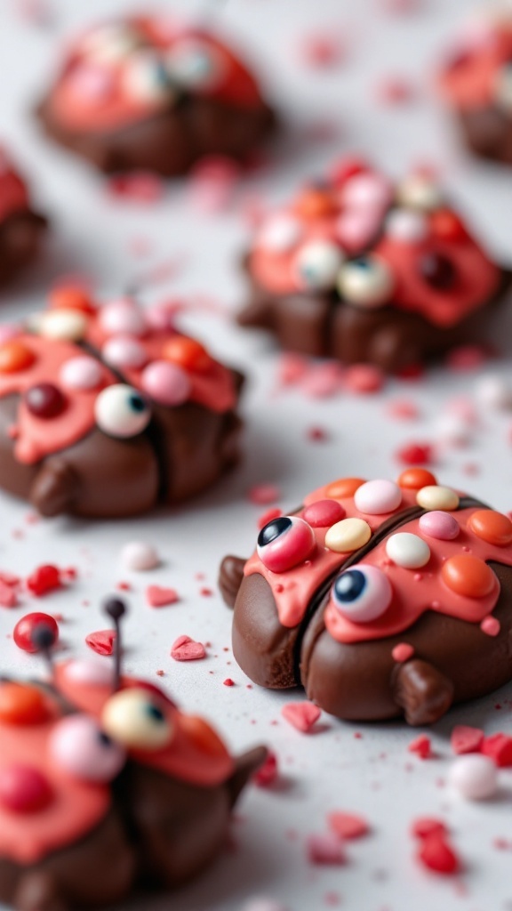 Cute chocolate cookies decorated as love bugs for Valentine's Day.