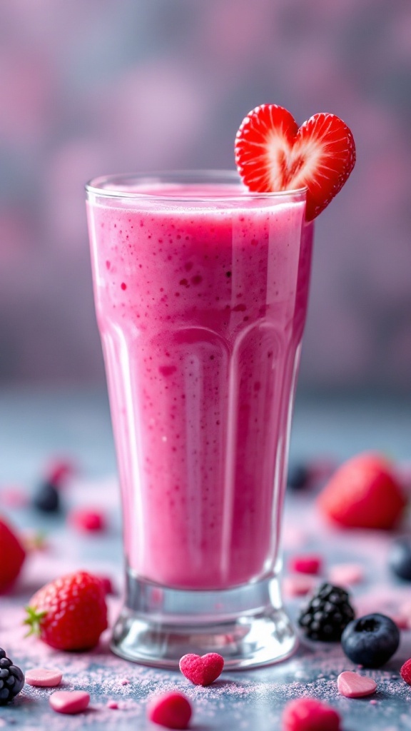 A bright pink smoothie in a tall glass, garnished with a heart-shaped strawberry.