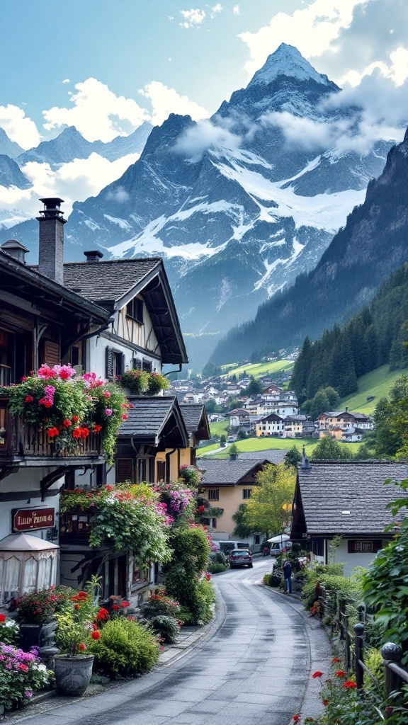 A picturesque view of Mürren village with colorful flowers and mountains in the background.