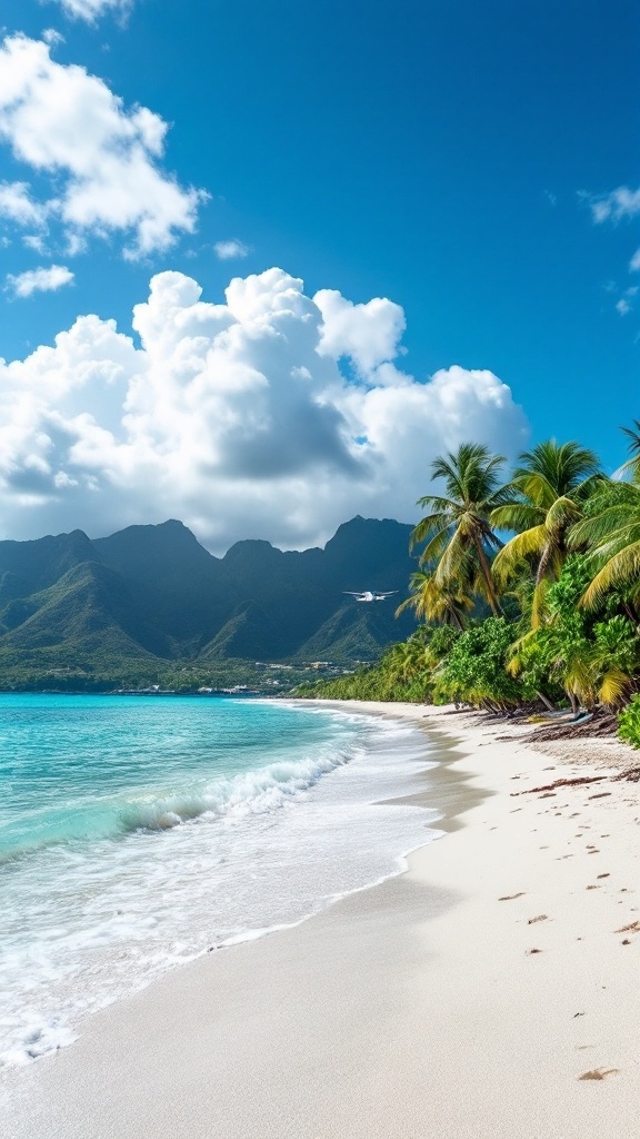 Maho Beach featuring white sand, clear blue water, and mountains in the background
