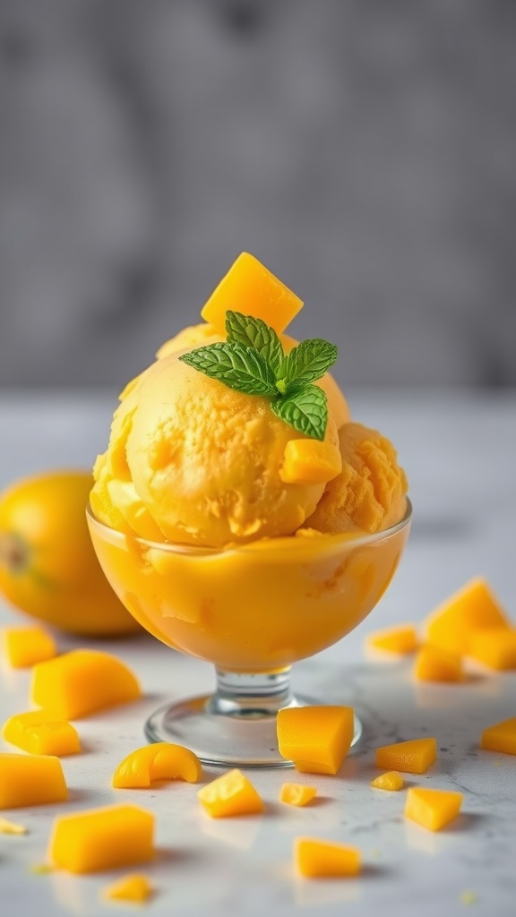 Mango ice cream in a glass bowl garnished with mint leaves.