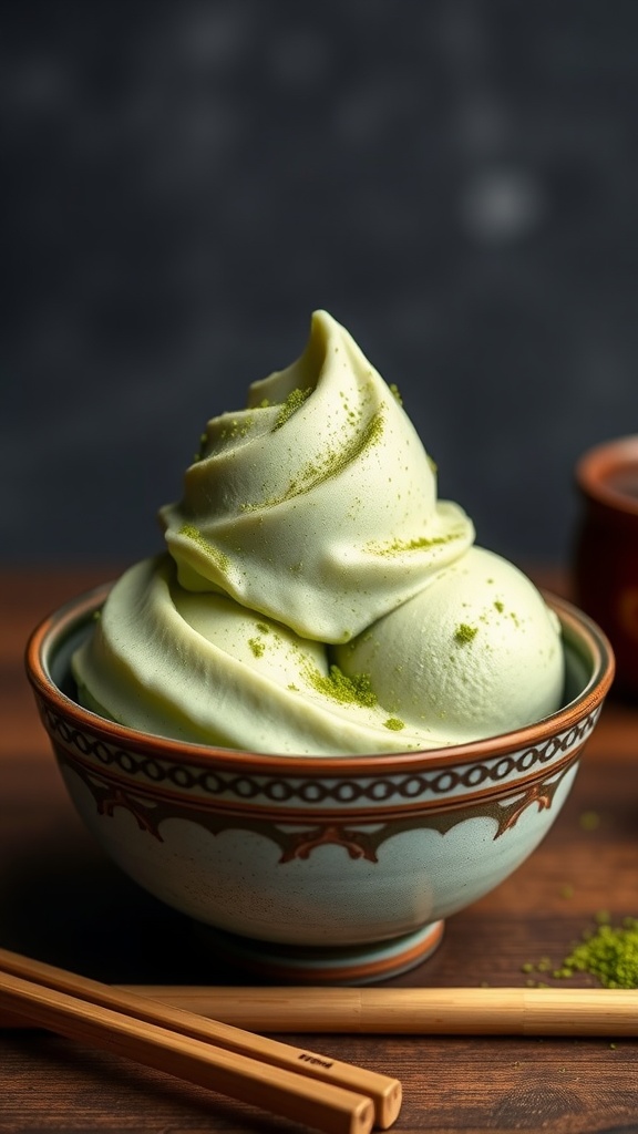 A bowl of matcha green tea ice cream topped with powdered matcha.