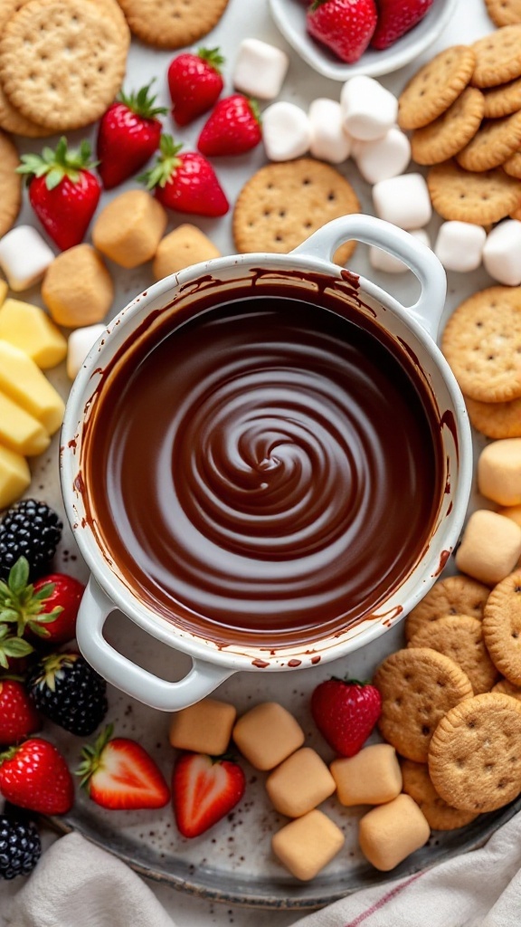 A bowl of melted chocolate fondue surrounded by fresh strawberries, marshmallows, and cookies for dipping.