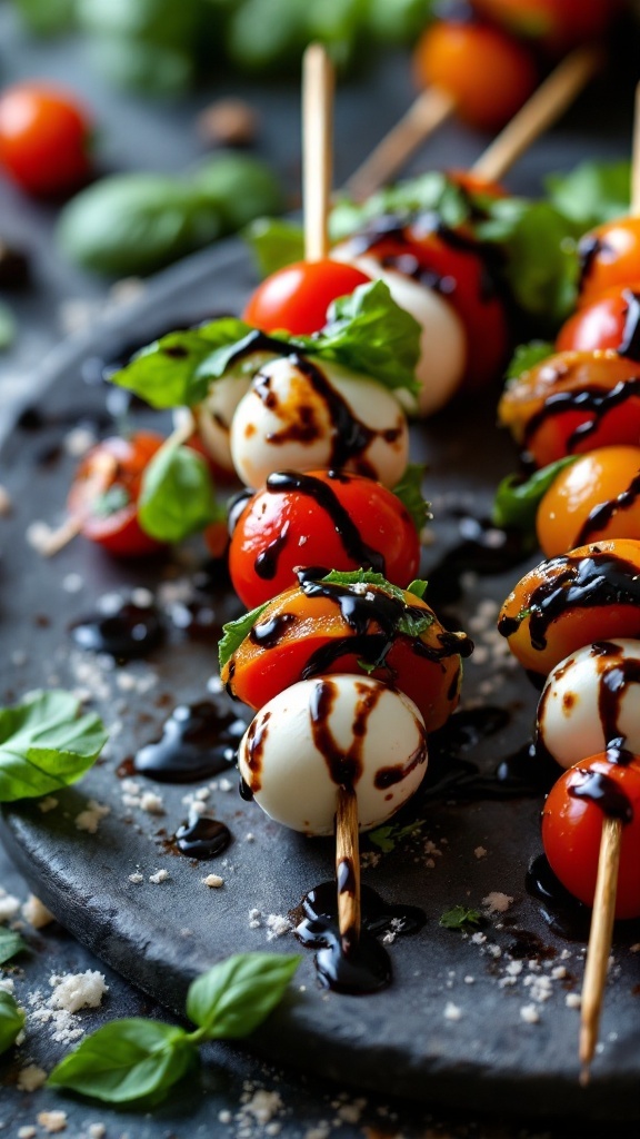 Mini Caprese skewers with mozzarella, cherry tomatoes, and basil drizzled with balsamic glaze on a black platter.