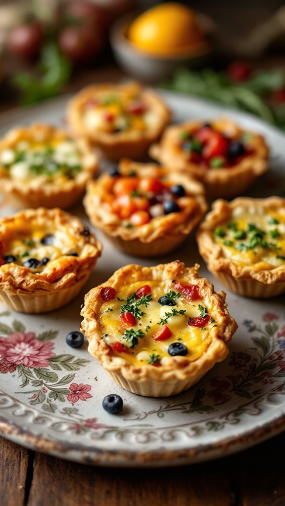 An assortment of mini quiches with various toppings on a decorative plate