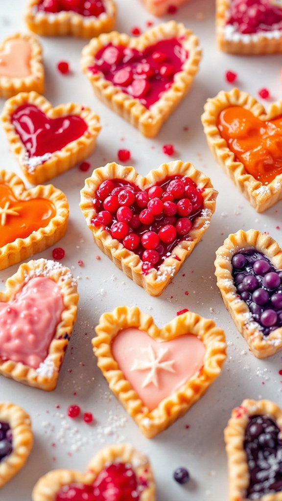 Miniature heart pies decorated with various fruit fillings and sprinkles.