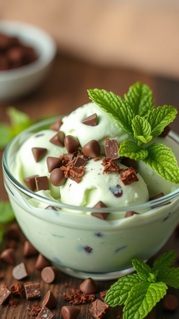 A bowl of mint chocolate chip ice cream topped with chocolate chips and mint leaves.