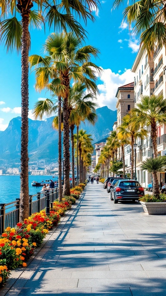 A vibrant lakeside promenade in Montreux, Switzerland, lined with palm trees and flowers, with mountains in the background.