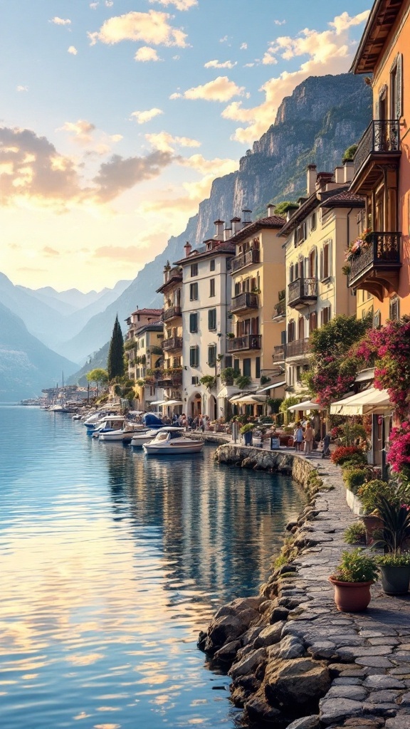 A picturesque view of Morcote with colorful buildings along the lake, reflecting in the water