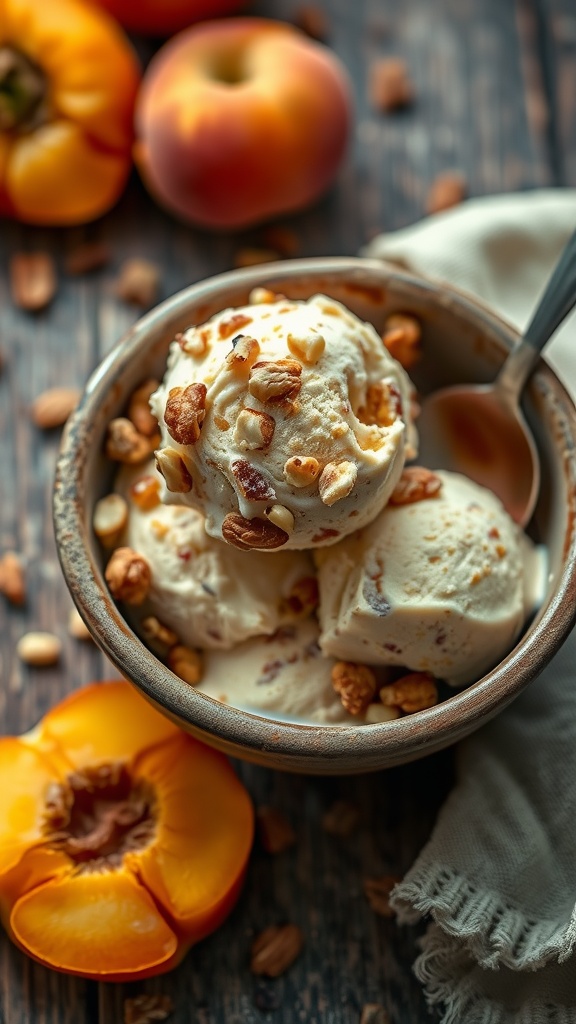 Bowl of nutty apricot crunch ice cream topped with nuts and fresh apricots.