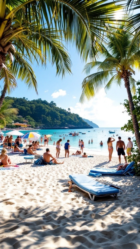 Orient Bay beach in St. Martin with white sand, palm trees, and people enjoying the sun