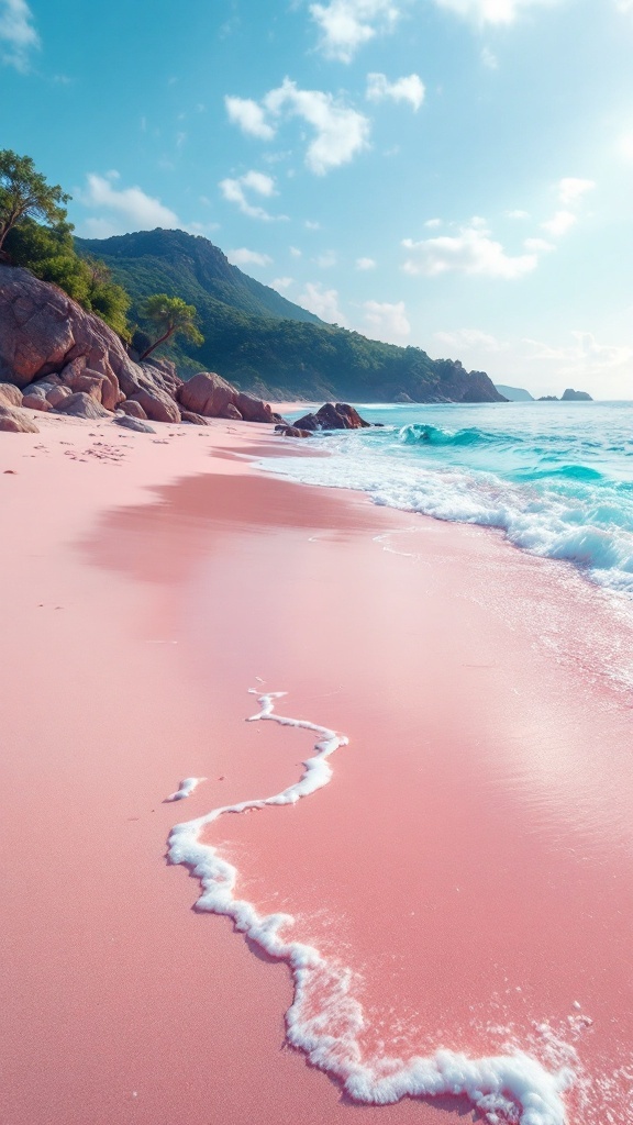 A serene view of Pink Sands Beach with pink sand and turquoise waves.
