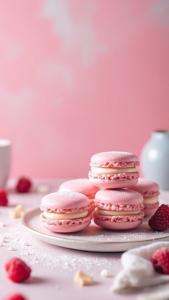 Pink raspberry macarons with a creamy filling stacked on a plate