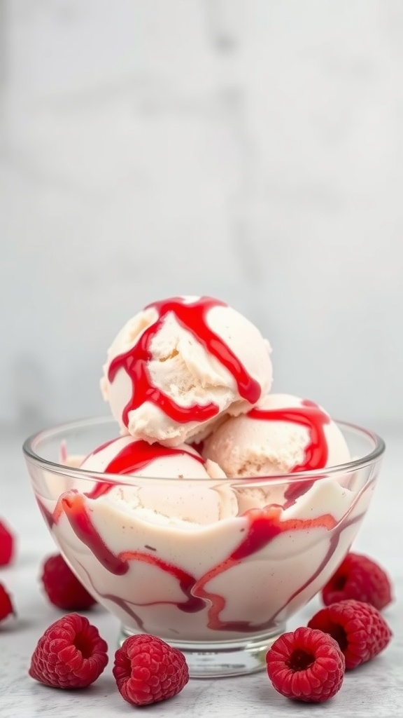 A bowl of raspberry ripple ice cream with fresh raspberries