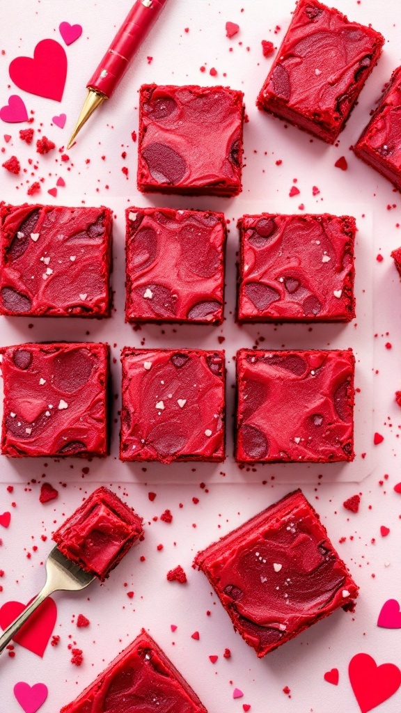 Delicious red velvet cheesecake bars with heart-shaped decorations.