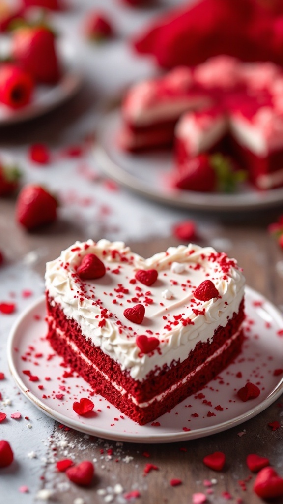 A delicious red velvet heart-shaped cake with creamy frosting and festive decorations, perfect for Valentine's Day.