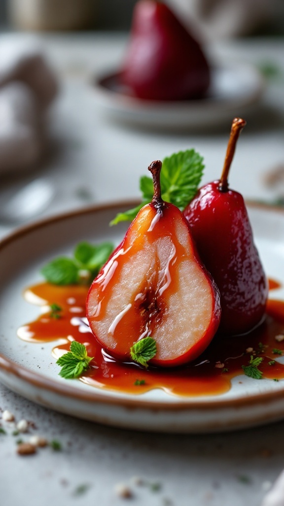 Red wine poached pears served with a sweet sauce and mint leaves