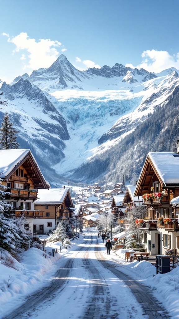 Scenic view of Riederalp village in winter, surrounded by snow-covered mountains and wooden chalets.