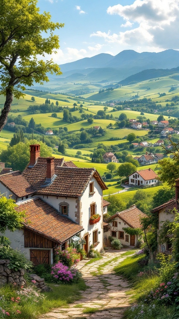 A picturesque view of Ronda, a charming Swiss village with rustic houses and lush greenery