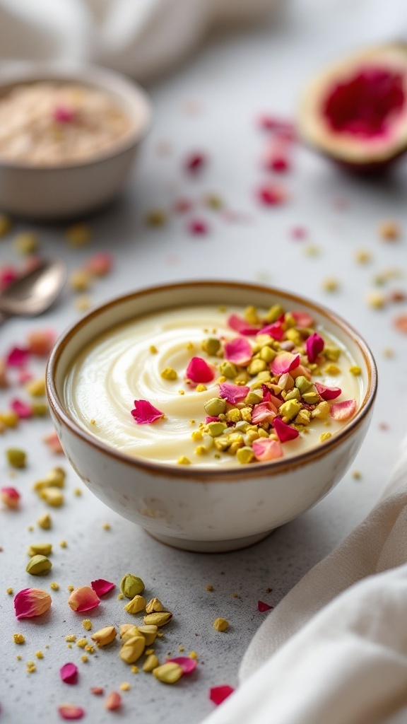 A bowl of creamy rosewater and pistachio pudding topped with rose petals and crushed pistachios.