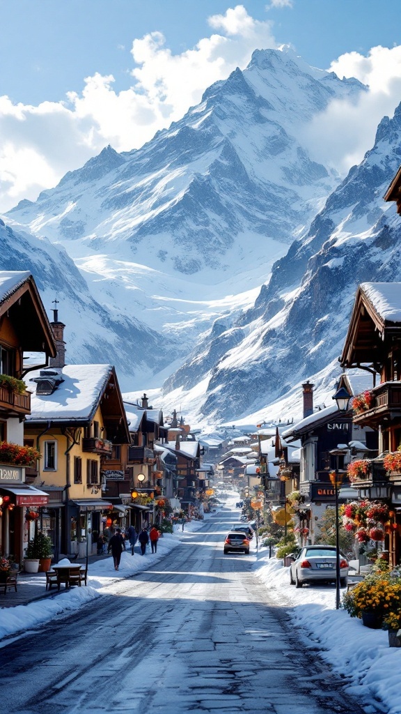 Saas Fee village with snow-capped mountains and charming chalets