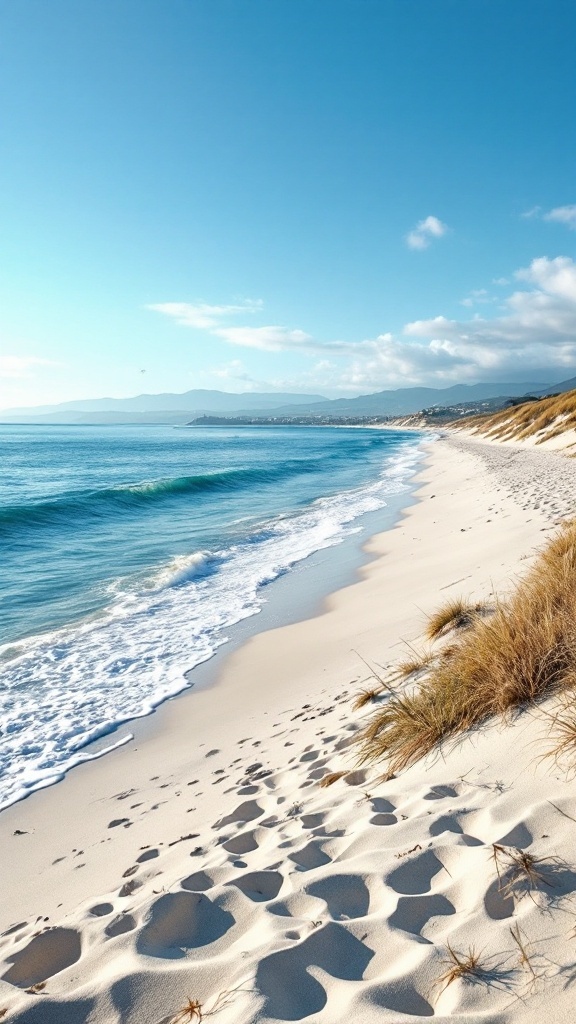 A beautiful beach scene with white sand, clear blue water, and gentle waves under a bright sky.