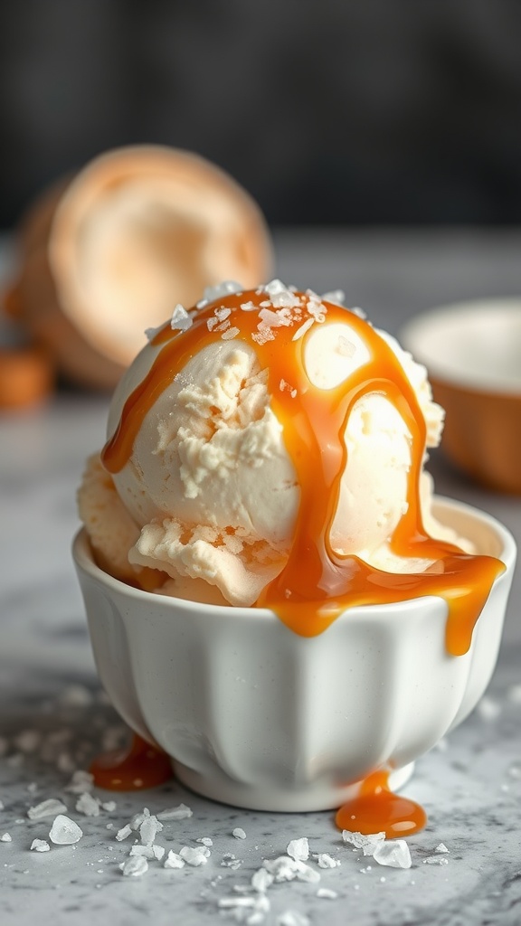 Bowl of ice cream topped with salted caramel and sea salt