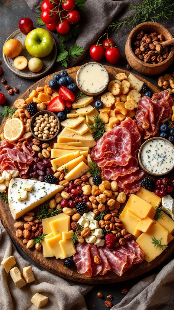 A beautifully arranged cheese and charcuterie board with various cheeses, cured meats, nuts, and fruits.