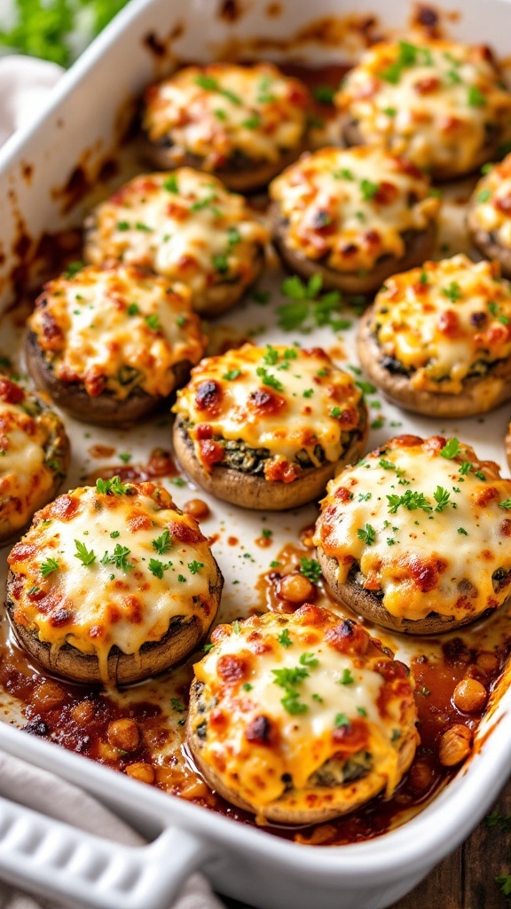 A baking dish filled with cheesy stuffed mushrooms topped with parsley