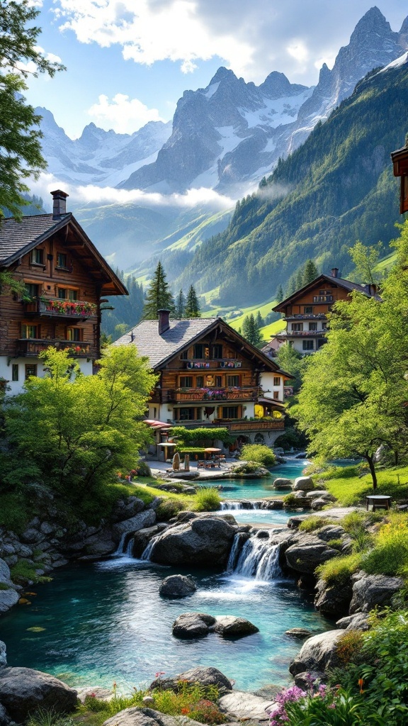 Beautiful view of Scuol, a charming spa village in Switzerland, with wooden chalets, a flowing river, and majestic mountains in the background.