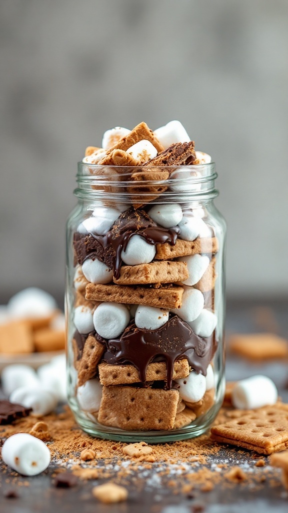 A layered dessert in a jar featuring graham crackers, chocolate chips, and marshmallows.