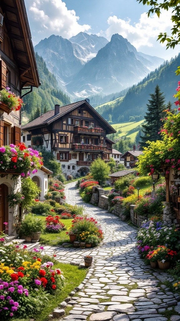 A picturesque view of Soglio village with vibrant flowers, charming stone houses, and majestic mountains in the background.