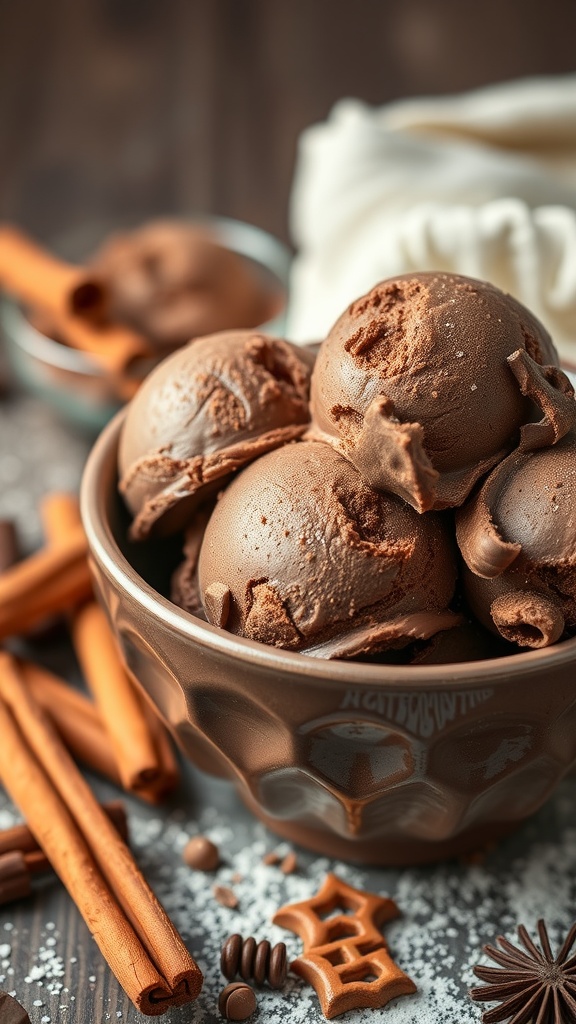 Spicy cinnamon chocolate ice cream scoops in a bowl with cinnamon sticks