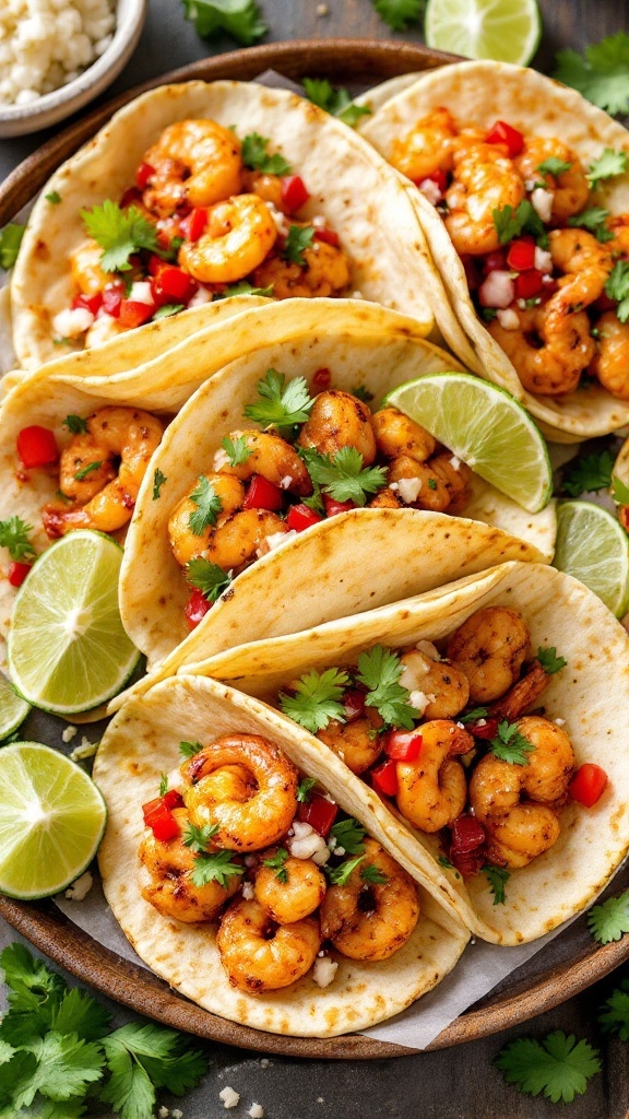 Spicy shrimp tacos in mini tortillas with lime and cilantro