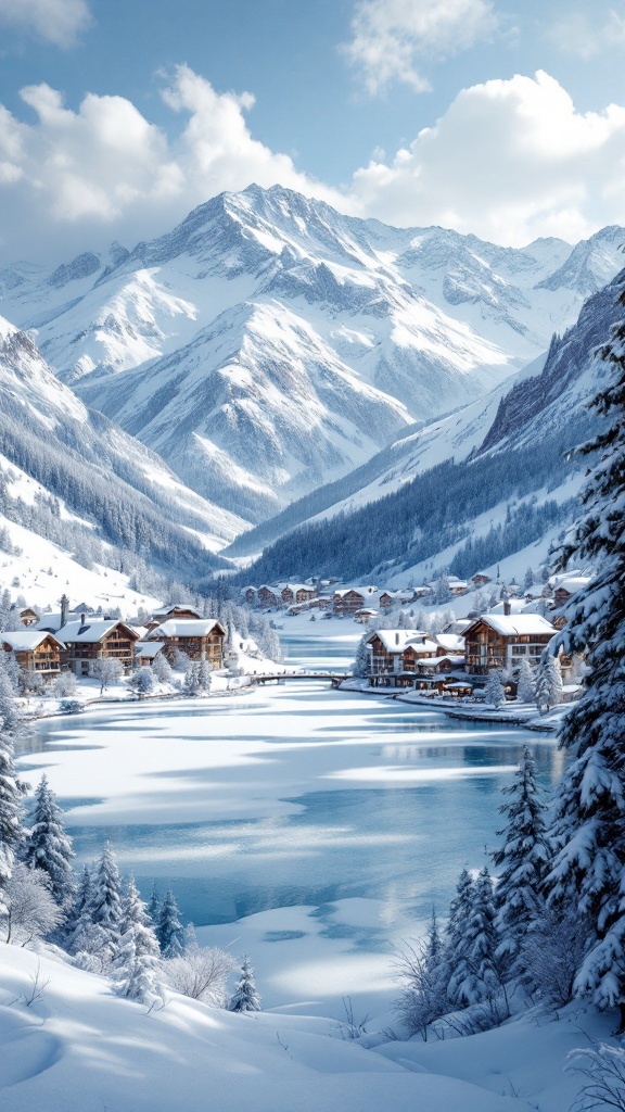 Snow-covered landscape of St. Moritz with mountains and a lake