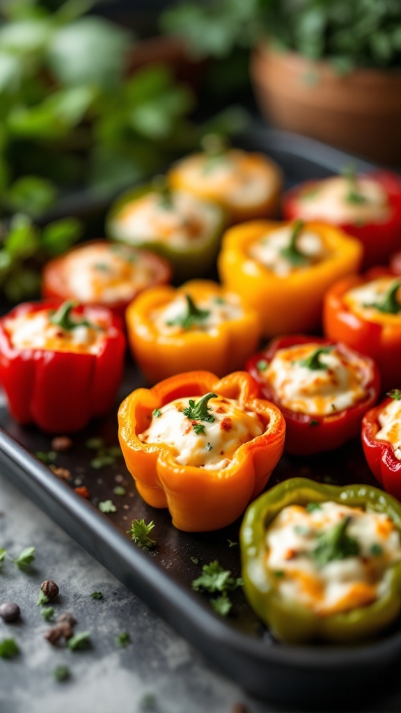 Stuffed mini peppers filled with cream cheese and herbs on a black tray