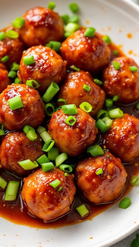 A plate of sweet and spicy meatballs garnished with green onions.