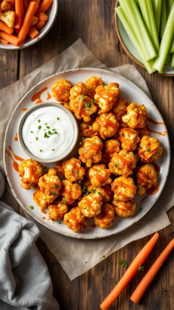 Crispy buffalo cauliflower bites with ranch dressing on a rustic table, surrounded by celery and carrot sticks.