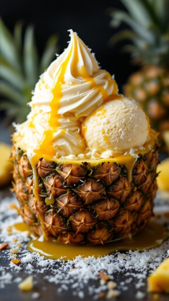 A delicious serving of Tropical Pineapple Coconut Swirl ice cream in a pineapple bowl, topped with whipped cream and a drizzle of sauce.