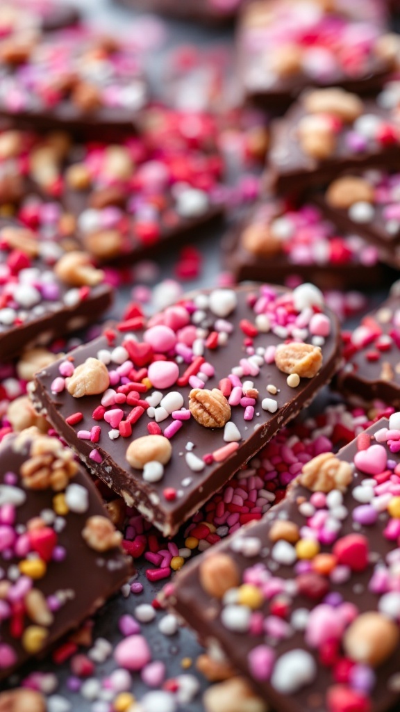 Valentine's Day Chocolate Bark with colorful toppings.