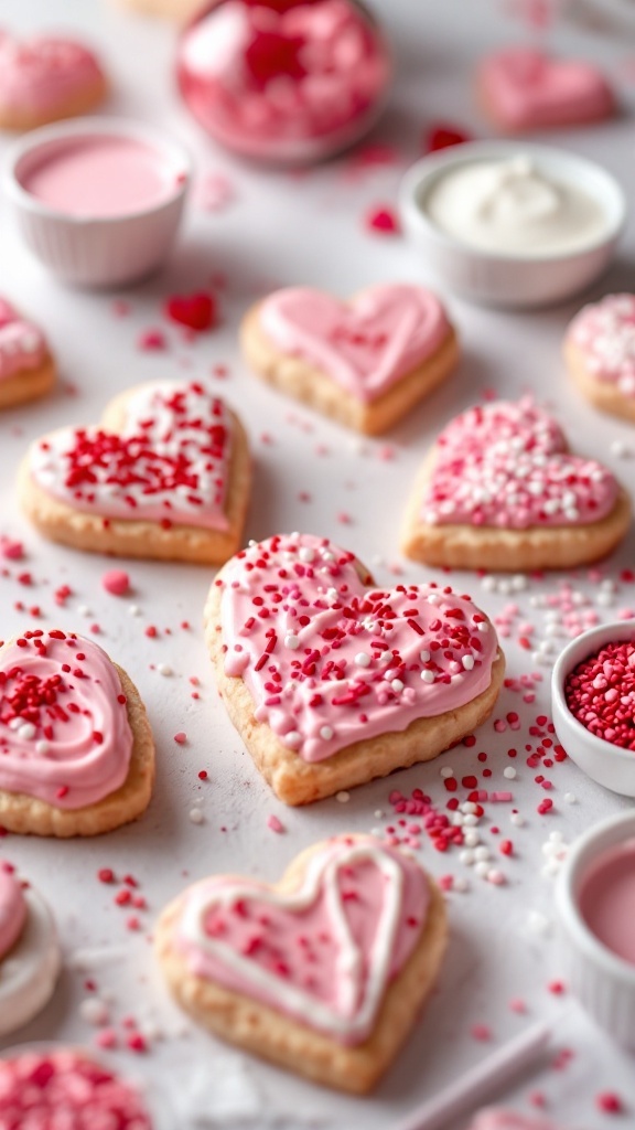 Decorated heart-shaped cookies for Valentine's Day.