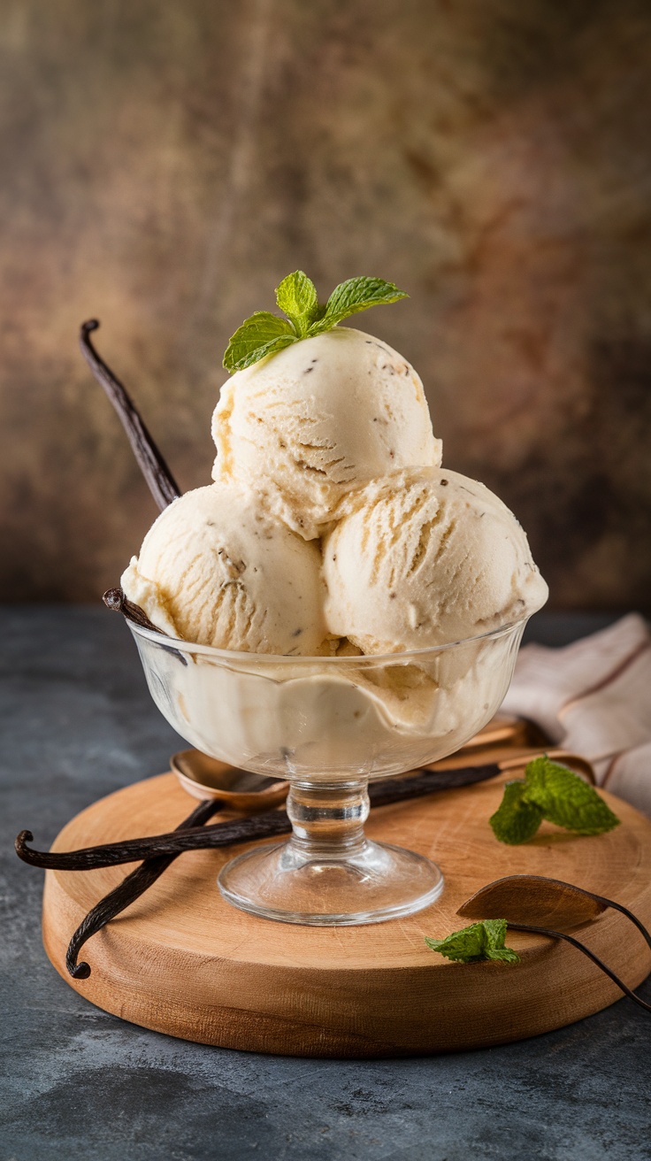 A bowl of creamy vanilla bean ice cream garnished with a mint leaf.