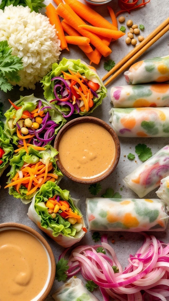 Colorful vegetable spring rolls with peanut dipping sauce, garnished with fresh vegetables.