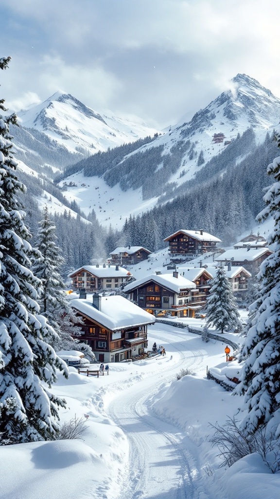 A scenic winter view of Wengen village, surrounded by snow-covered mountains and trees.