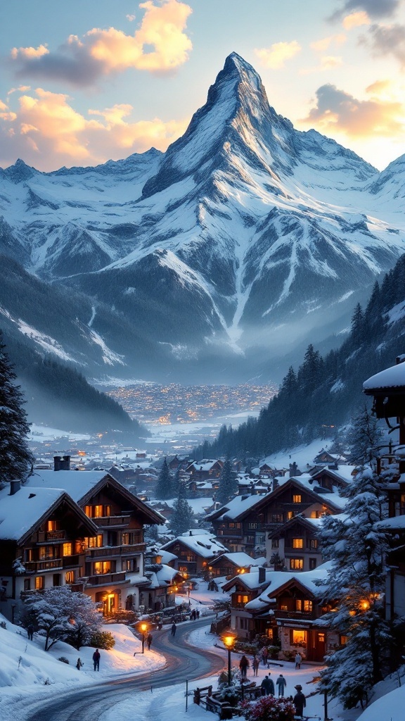 A scenic view of Zermatt village under a snowy mountain with warm lights glowing from the chalets.