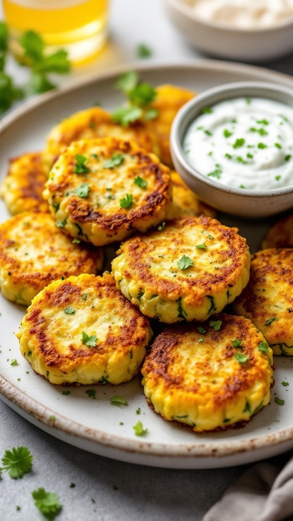 Plate of golden zucchini fritters served with a side of tzatziki sauce.